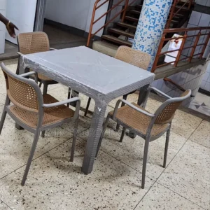 plastic armed chair with square table straight legs